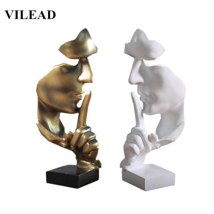 VILEAD 28.5cm Resin Silence is Gold Statue Abstract Mask Statuettes Europe Mask Sculpture Figurine for Office Vintage Home Decor